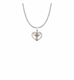 5/8 Inch Sterling Silver Enameled Pink Rose Cross Heart Necklace