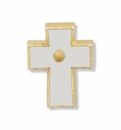 5/8 x 1/4 Gold Enameled Cross Lapel Pin with Mustard Seed