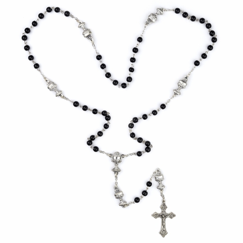 5mm Black Glass Bead Communion Rosary with Crucifix and Chalice Center