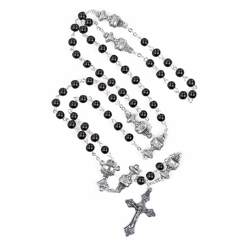 5mm Black Glass Bead Communion Rosary with Crucifix and Chalice Center