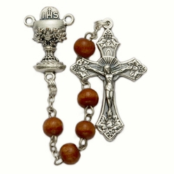 5mm Brown Wood Beads and Communion Chalice Center Rosary