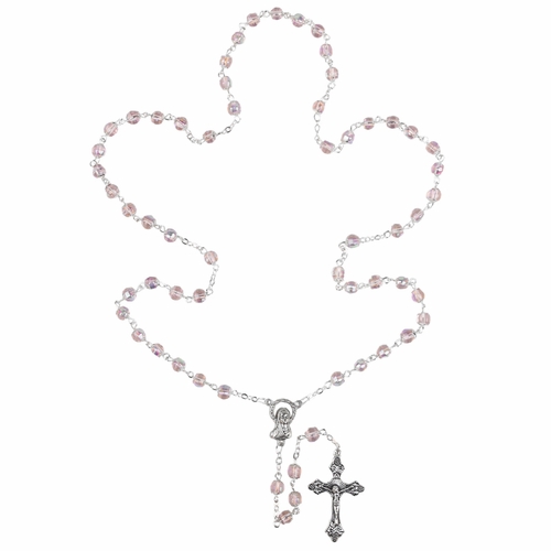 5mm Capped Rose Glass Crystal Bead Rosary with Crucifix and Madonna Center