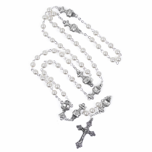 5mm Imitation Pearl Bead Communion Rosary with Crucifix and Chalice Center