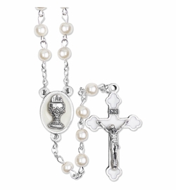 5mm Imitation Pearl Beads Rosary with Silver Plated Crucifix and Chalice Center
