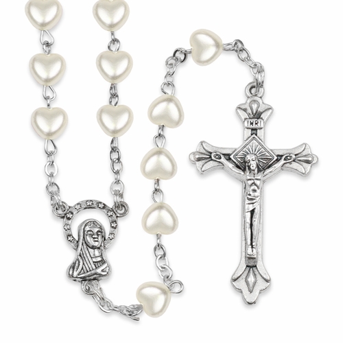 5mm Imitation Pearl Heart Bead Communion Rosary with Crucifix and Madonna Center