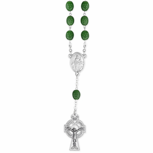 5mm Oval Green Beads Auto Rosary with Celtic Crucifix and St. Patrick Center