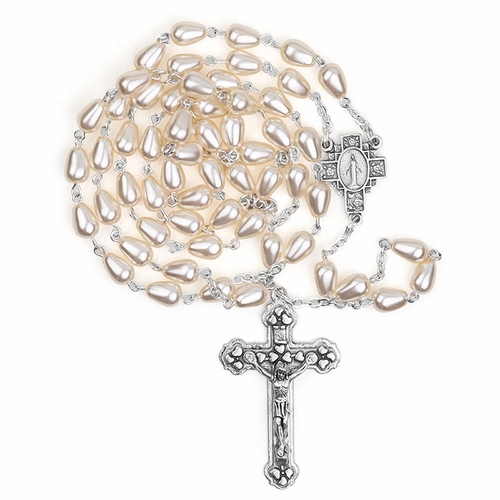 5mm Oval Pearl Tear Drop Bead Rosary with Crucifix and Miraculous Center