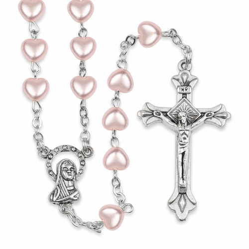 5mm Pink Heart Bead Communion Rosary with Crucifix and Madonna Center
