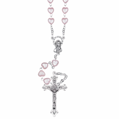 5mm Pink Heart Bead Communion Rosary with Crucifix and Madonna Center