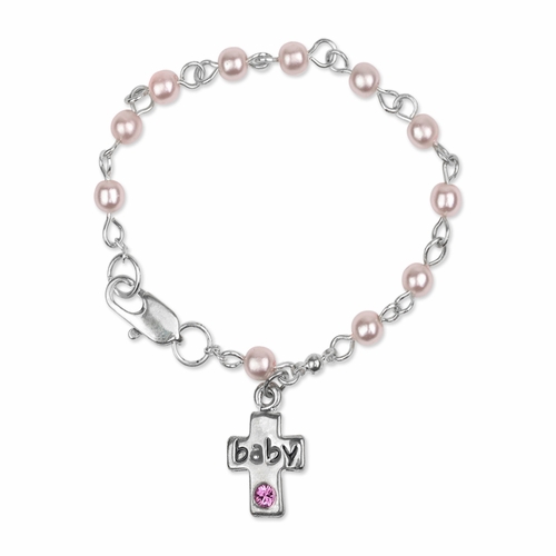 5mm Pink Pearl Beads Baby Bracelet with Cross Charm