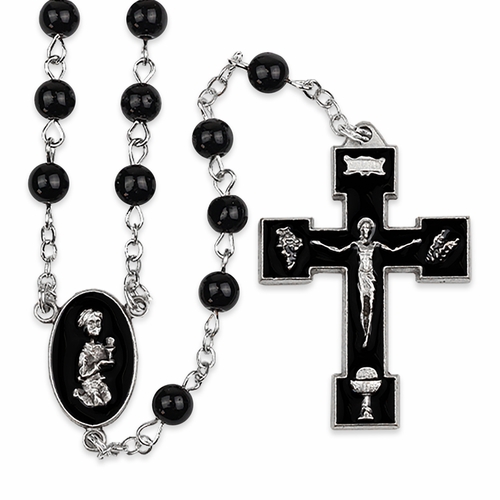 5mm Round Black Glass Bead Rosary with Crucifix and First Communion Praying Boy Center