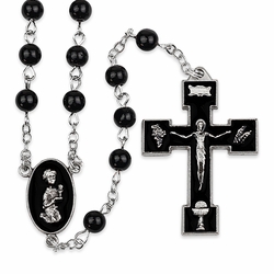 5mm Round Black Glass Bead Rosary with Crucifix and First Communion Praying Boy Center
