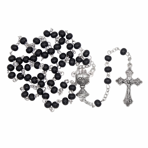 5mm Round Black Wood Bead Rosary with Crucifix and Chalice Center