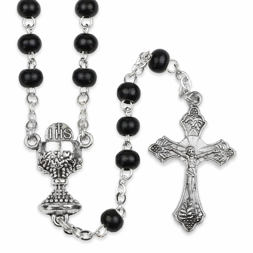 5mm Round Black Wood Bead Rosary with Crucifix and Chalice Center