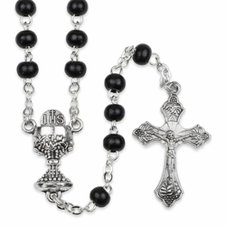 5mm Round Black Wood Bead Rosary with Crucifix and Chalice Center