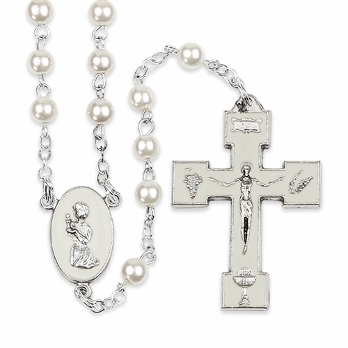 5mm Round Imitation White Pearl Bead Rosary with Crucifix and First Communion Praying Girl Center