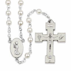 5mm Round Imitation White Pearl Bead Rosary with Crucifix and First Communion Praying Girl Center