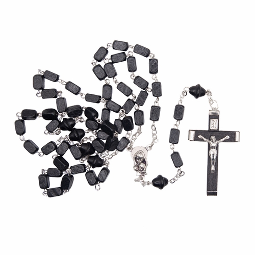 5mm Square Black Wood Bead Rosary with Crucifix and Madonna with Baby Center
