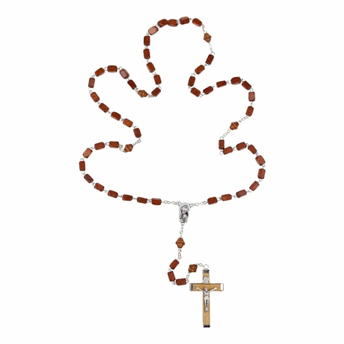 5mm Square Light Brown Wood Bead Rosary with Crucifix and Madonna with Baby Center