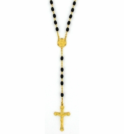 5X 7mm Polished Black Glass Beads Rosary Necklace and Miraculous Center