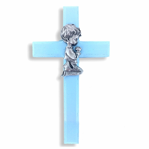 63/4 Inch Painted Blue Wood Praying Boy Wall Cross