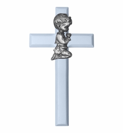 6-3/4 Inch Painted Blue Wood Praying Boy Wall Cross
