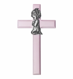 6-3/4 Inch Painted Pink Wood Praying Girl Wall Cross