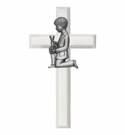 6-3/4 Inch Painted White Wood First Communion Boy Wall Cross