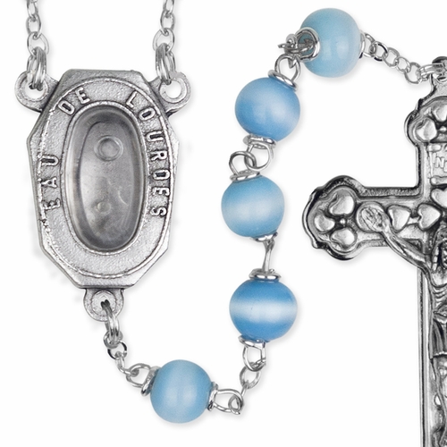 6.5mm Light Blue Synthetic Bead Rosary with Crucifix and Our Lady of Lourdes with Holy Water Center