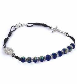 6 Inch Blue Glass Bead Bracelet with Crucifix and Miraculous Charm