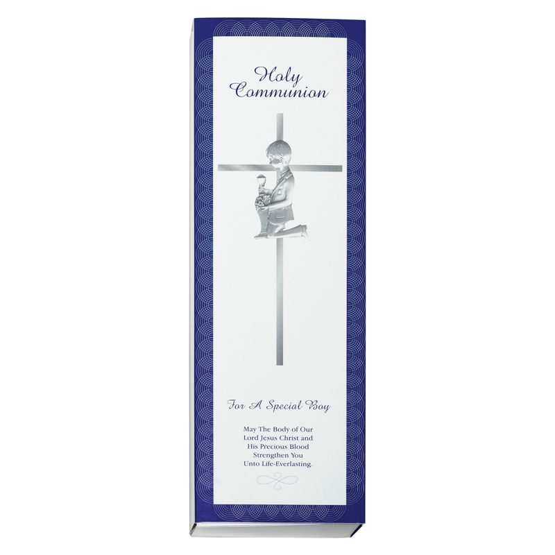 6 Inch Silver Plated Metal Wall Cross with Centered Kneeling First Communion Boy