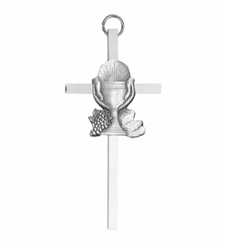 6 Inch Silver Plated Metal Wall Cross with First Communion Chalice Centerpiece