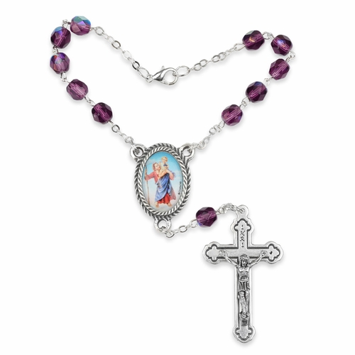 6mm Amethyst Glass Beads Auto Rosary with Crucifix and St. Christopher Center