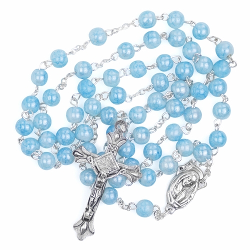 6mm Aqua Painted Glass Bead Rosary with Crucifix and Madonna Center