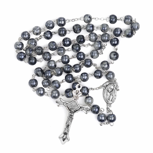 6mm Black Painted Glass Bead Rosary with Crucifix and Madonna Center