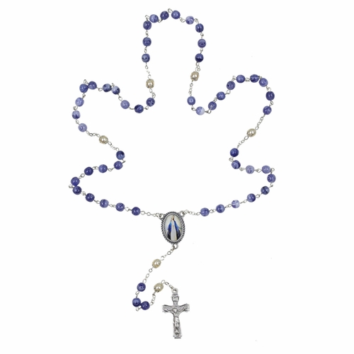 6mm Blue Glass Bead Rosary with Capped Pearl Decade Beads, Crucifix, and Miraculous Photo Center