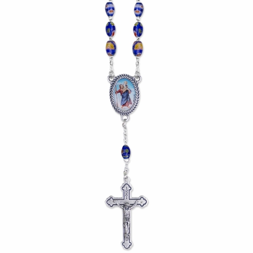 6mm Blue Oval Murano Beads Auto Rosary with Crucifix and St. Christopher Center