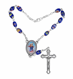 6mm Blue Oval Murano Beads Auto Rosary with Crucifix and St. Christopher Center