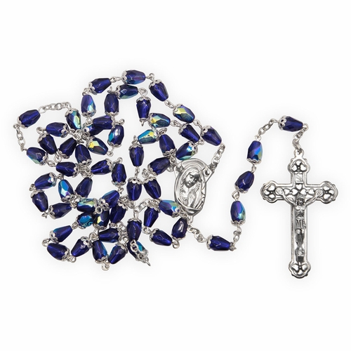 6mm Capped Sapphire Bead Rosary with Crucifix and Madonna Center