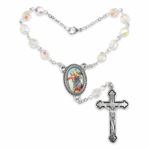6mm Crystal Glass Beads Auto Rosary with Crucifix and St. Christopher Center