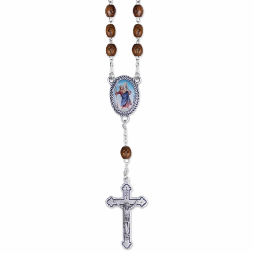 6mm Dark Wood Cross Beads Auto Rosary with Crucifix and St. Christopher Center
