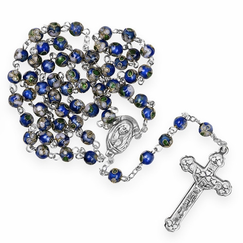 6mm Genuine Aqua Cloisonne Bead Rosary with Crucifix and Madonna Center