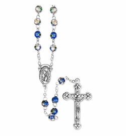 6mm Genuine Aqua Cloisonne Bead Rosary with Crucifix and Madonna Center