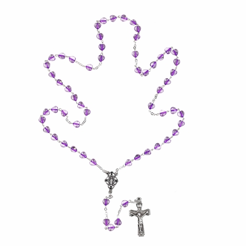 6mm Glass Amethyst Heart Bead Rosary with Crucifix and Miraculous Center