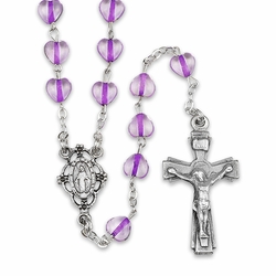 6mm Glass Amethyst Heart Bead Rosary with Crucifix and Miraculous Center