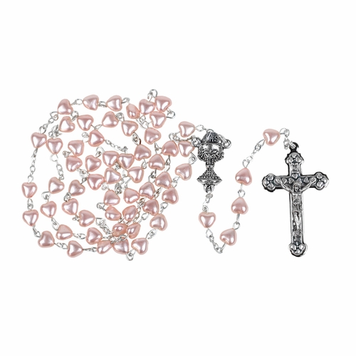 6mm Imitation Pink Pearl Heart Bead Rosary with Crucifix and Chalice Center