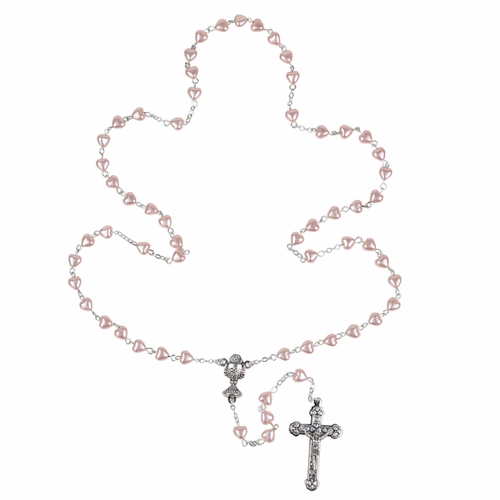6mm Imitation Pink Pearl Heart Bead Rosary with Crucifix and Chalice Center