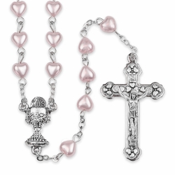 6mm Imitation Pink Pearl Heart Bead Rosary with Crucifix and Chalice Center