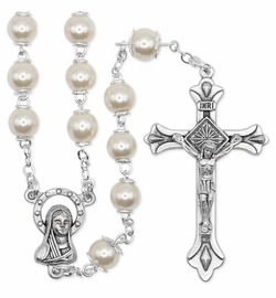 6mm Pearl Bead Rosary with Capped Decade Beads, Crucifix, and Madonna Center
