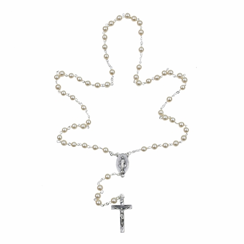 6mm Pearl Bead Rosary with Crucifix and Miraculous Center